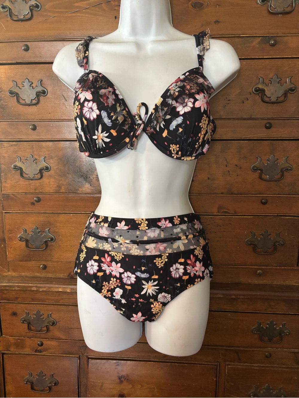 Floral High-Waist Bikini Bottoms ONLY- Black Pink Floral S(4-6) by Time and Tru